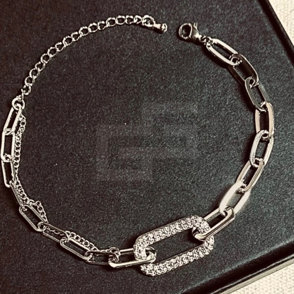 Silver Zircon link paperclip chain geometric double strand bracelet adjustable